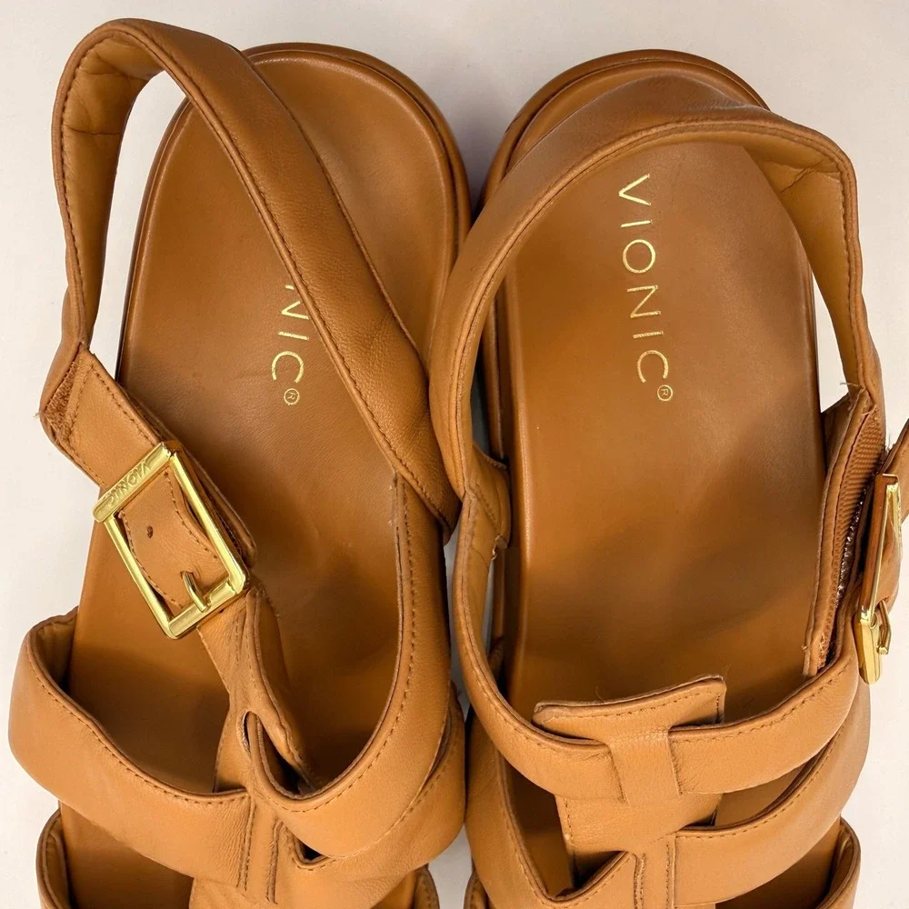 Vionic Delano Caramel Leather Platform Fisherman Sandals‎ Size 11 NEW